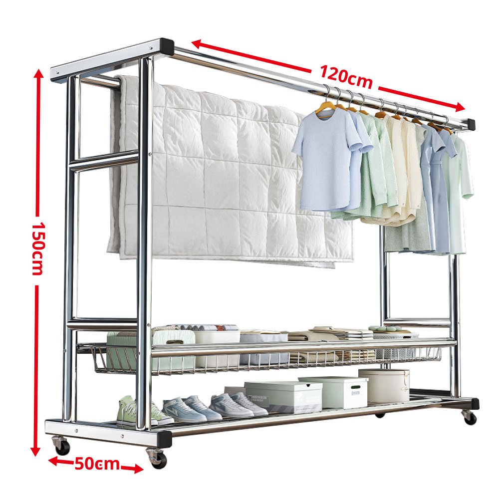 特粗不鏽鋼雙桿雙層網框萬向輪曬衣架
